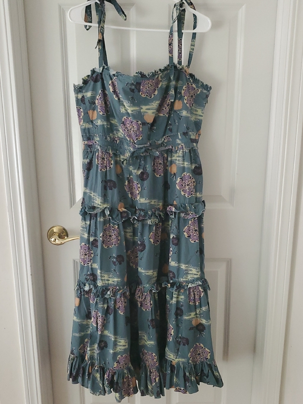 Ulla Johnson RTR Lune Green Multicolor Ruffle Tie-Shoulder Midi Dress Size 14